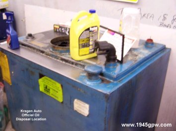 At the Kragen Auto store they will have a large container in the store for you to dump your oil and dispose of your oil filter. I also give them any rags that become saturated with oil. Job completed!